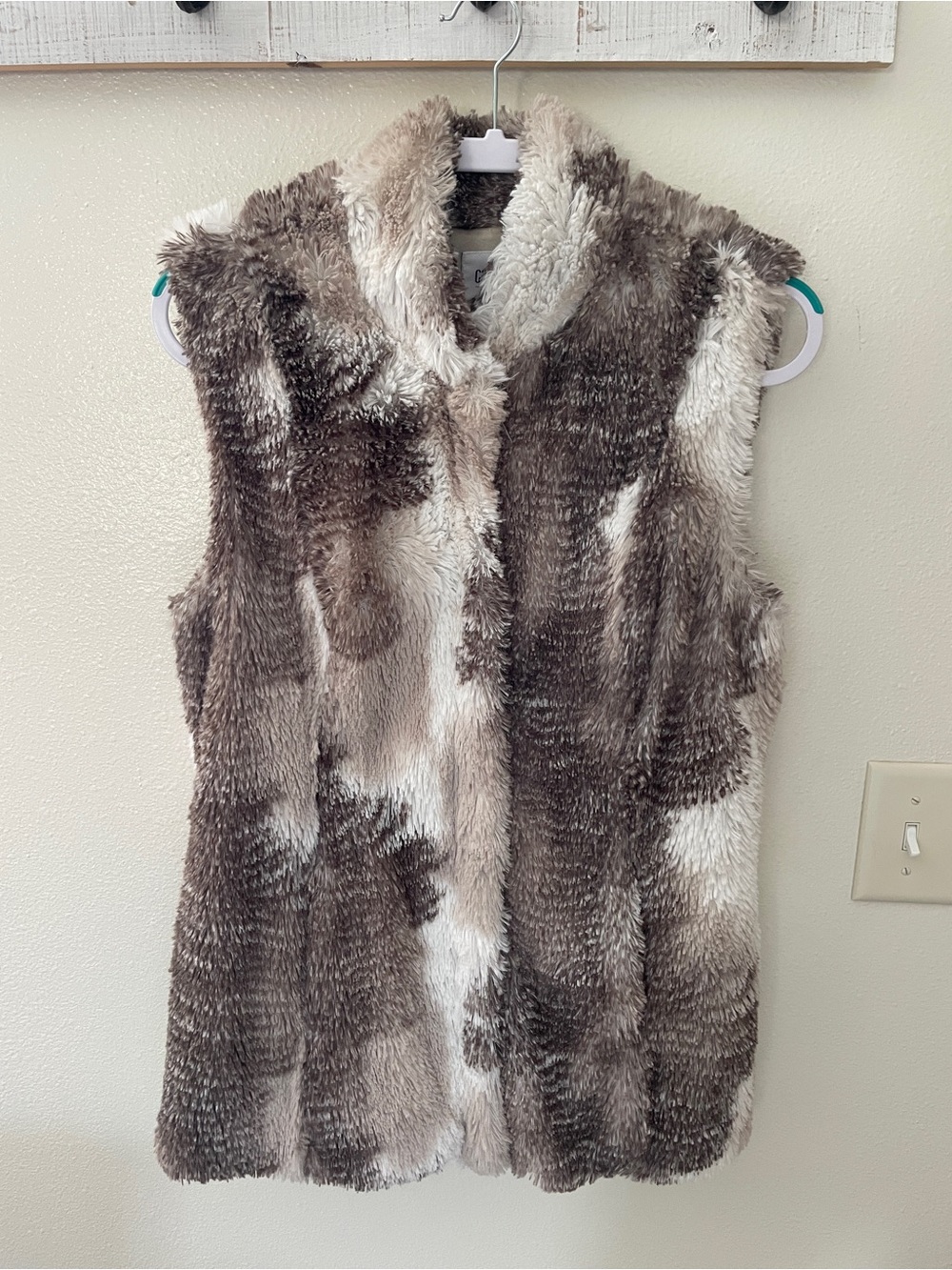 CAbi Brown & Cream Plush Faux Fur Vest